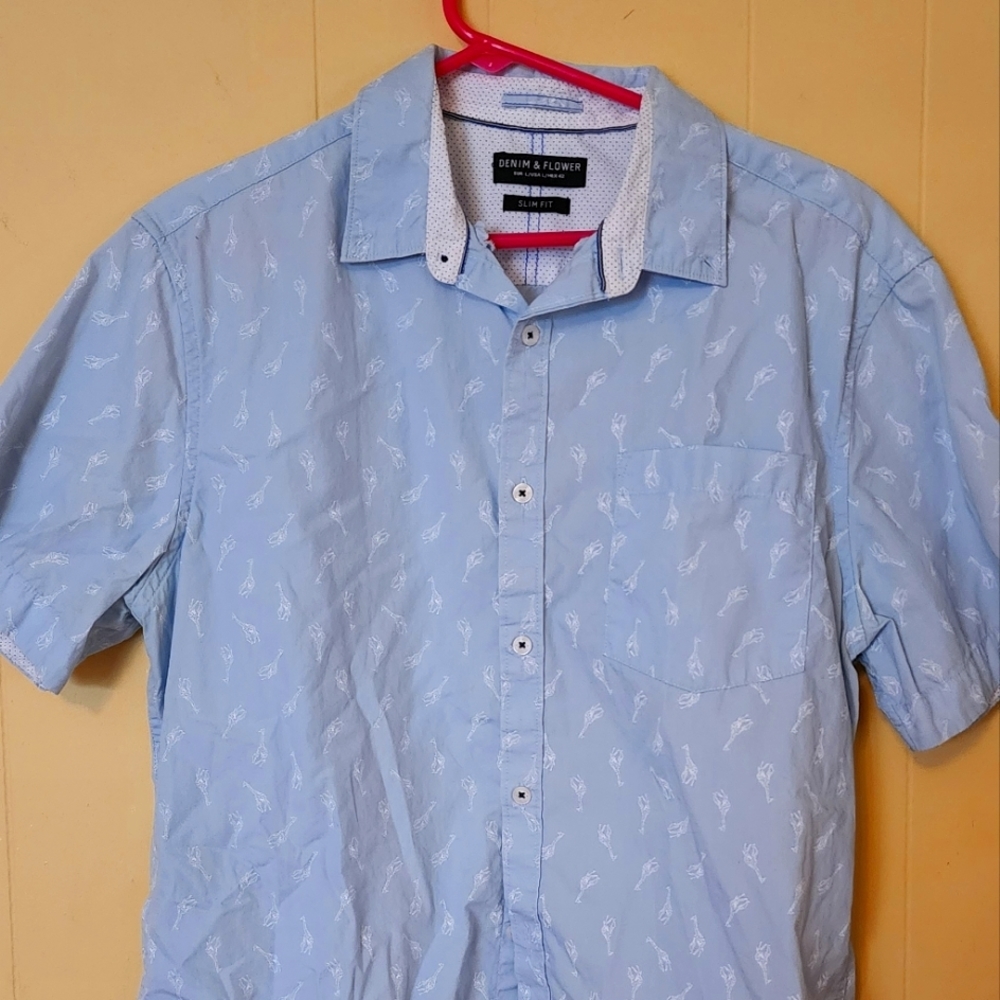 Denim & Flower Light Blue Short Sleeve Button-Down Shirt with White Print